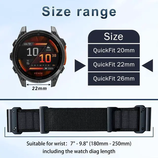 Alt view image 5 of 7 - QuickFit 22 mm Replacement Watch Strap Compatible with Garmin Fenix E/Fenix 8 47 mm/Fenix 7 Pro/Fenix 6 Pro, Adjustable Bracelet, Nylon Sport Band for Garmin Tactix 8 47 mm - Black