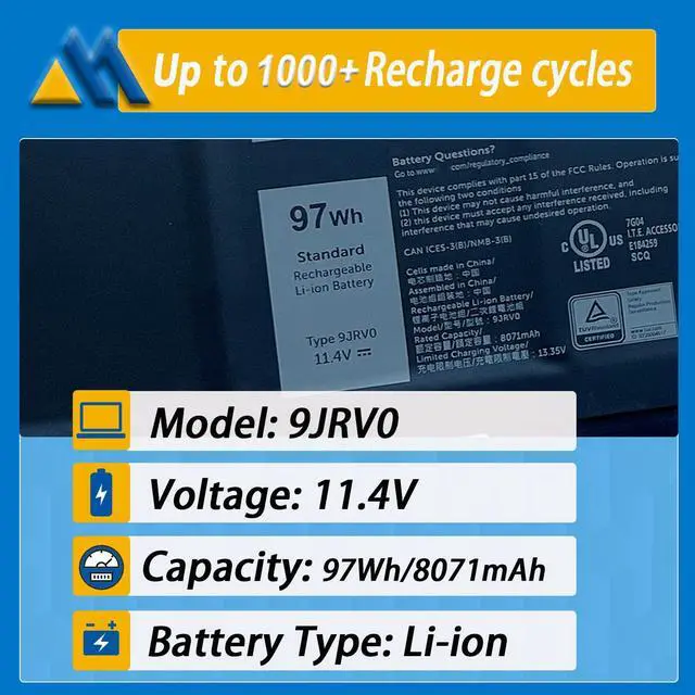 Alt view image 2 of 7 - 97Wh 9JRV0 Laptop Battery Replacement for Dell Latitude 5521 5531 Precision 3561 3571 3581 3591 Alienware m18 R1 R2 m17 R5 AMD Series 0P3TJ 0R05P0 05RGW 11.4V 8071mAh