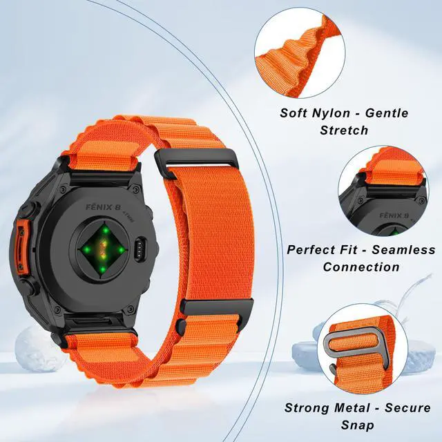 Alt view image 4 of 7 - QuickFit 22 mm Replacement Watch Strap Compatible with Garmin Fenix E/Fenix 8 47 mm/Fenix 7 Pro/Fenix 6 Pro, Adjustable Bracelet, Nylon Sport Band for Garmin Tactix 8 47 mm - Orange