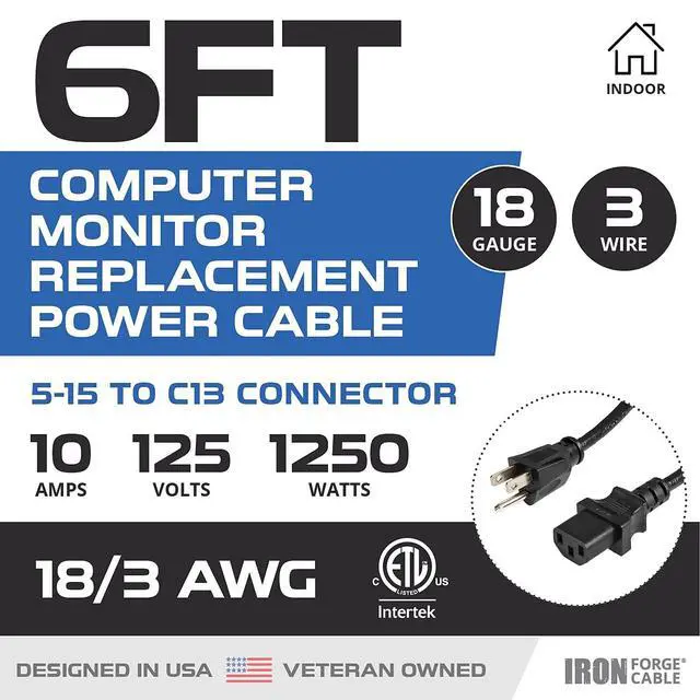 Alt view image 2 of 5 - PC/TV/Monitor Power Cord, 6 Ft, 2 Pack | 18/3 Cable, 2 Pack - For TVs, Computers & Monitors