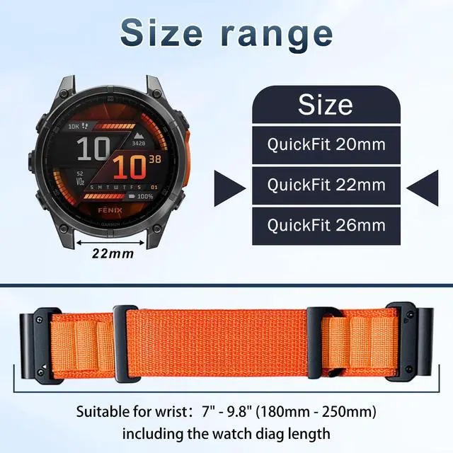 Alt view image 5 of 7 - QuickFit 22 mm Replacement Watch Strap Compatible with Garmin Fenix E/Fenix 8 47 mm/Fenix 7 Pro/Fenix 6 Pro, Adjustable Bracelet, Nylon Sport Band for Garmin Tactix 8 47 mm - Orange