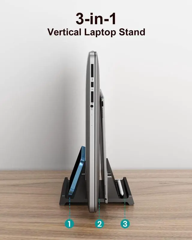 Alt view image 2 of 6 - Adjustable Vertical Laptop Stand for Desk, Compatible with 11-Inch to 17.3-Inch Laptops, iPad, iPhone, MacBook Pro/Air, Dell, HP, Lenovo, Asus - 3 in 1 Design Computer Stand (Black)