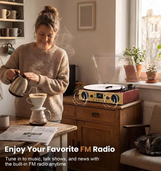 Alt view image 3 of 6 - Red Burl Wood Bluetooth Record Player, 3-Speed Turntable | Premium burl wood finish with Bluetooth, 3-speed playback, stereo speakers, LCD display and vintage bronze accents