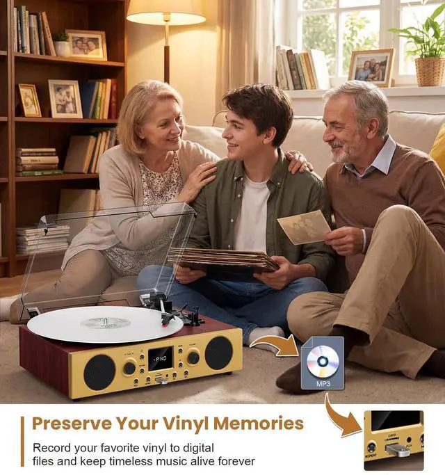 Alt view image 2 of 6 - Red Burl Wood Bluetooth Record Player, 3-Speed Turntable | Premium burl wood finish with Bluetooth, 3-speed playback, stereo speakers, LCD display and vintage bronze accents