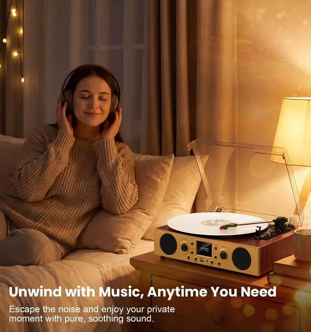 Alt view image 4 of 6 - Red Burl Wood Bluetooth Record Player, 3-Speed Turntable | Premium burl wood finish with Bluetooth, 3-speed playback, stereo speakers, LCD display and vintage bronze accents