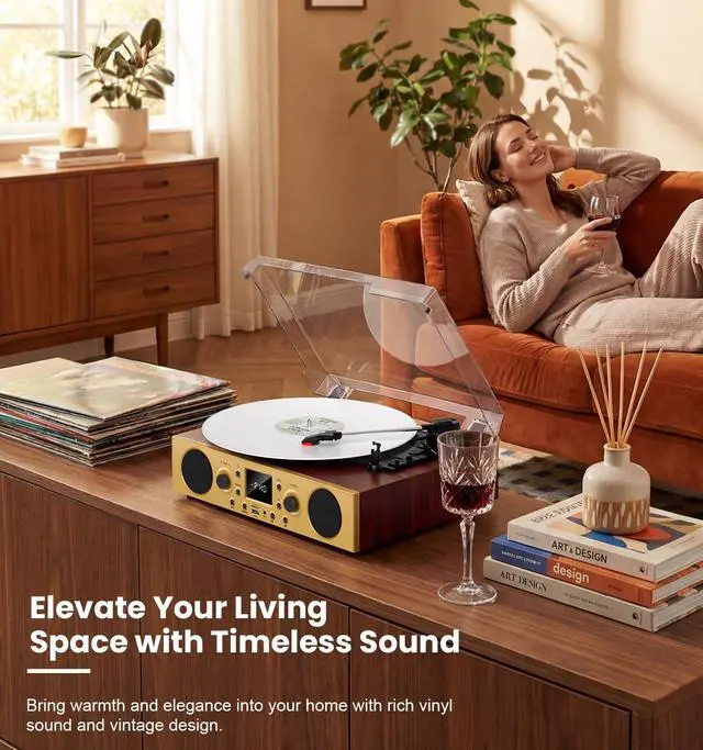 Alt view image 6 of 6 - Red Burl Wood Bluetooth Record Player, 3-Speed Turntable | Premium burl wood finish with Bluetooth, 3-speed playback, stereo speakers, LCD display and vintage bronze accents