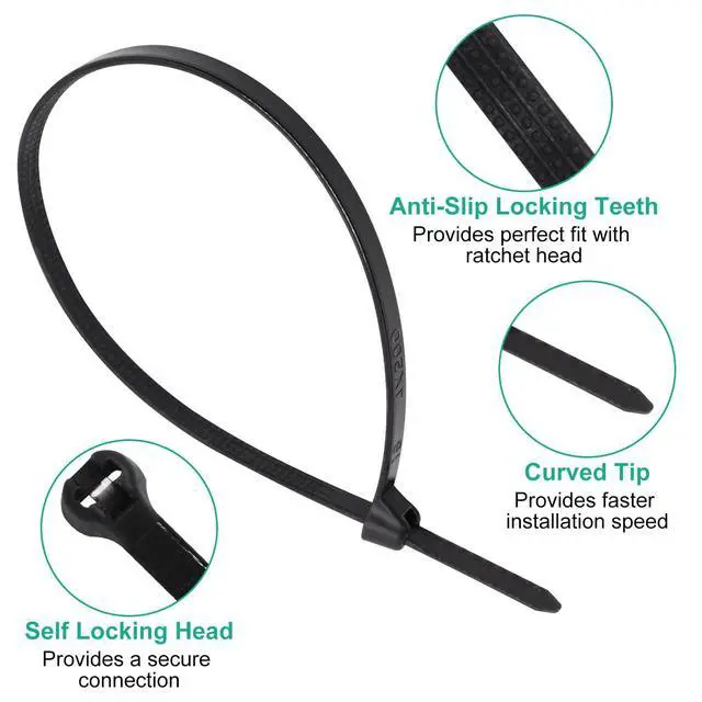 Alt view image 3 of 7 - 150pcs Push Mount Zip Ties 8 inch, Self Locking Straps Cable Zip Tie with Stainless Steel Metal Tooth Locking Device Heavy Duty Nylon Zip Tie Clips (8", Black)