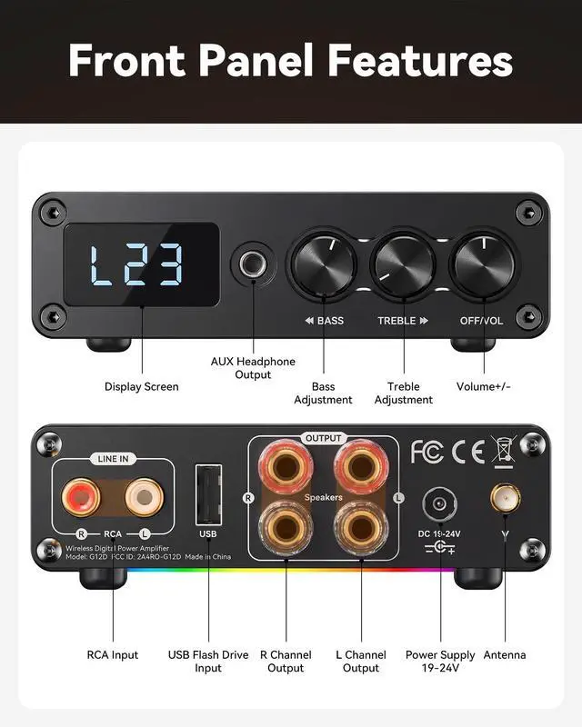 Alt view image 5 of 6 - G12D Bluetooth 5.3 Stereo Amplifier,200W Mini Class D Amp with USB Flash Drive/RCA Input,3.5mm Headphone Output and Remote Control,Suitable for Home Stereo Amplifier and Active Speakers