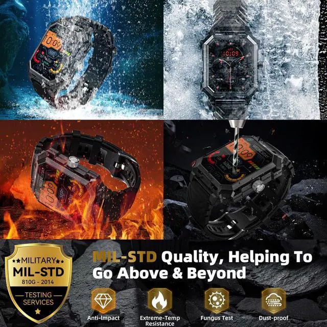 Alt view image 4 of 6 - Military Smart Watch for Men | Answer/Dial Call, 680mAh Battery, IP69 Waterproof, Blood Pressure Heart Rate, Android Phones Compatible, Fitness Tracker