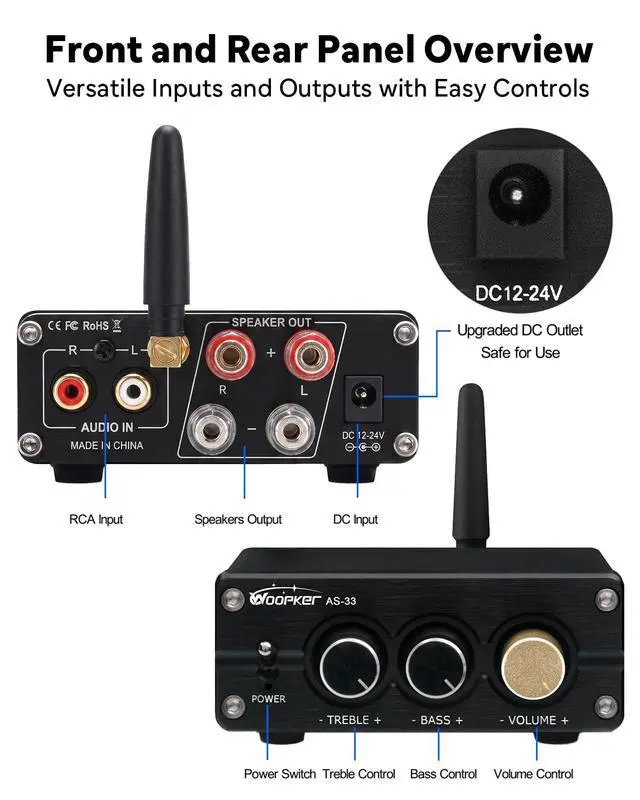 Alt view image 2 of 7 - AS-33 Stereo Receivers Amplifier Home Audio,2 Channel 200W Dual TPA3116 Class D Amp,Bluetooth 5.3 Amplifier for Home Speakers, Audio Receiver with RCA,AUX Input