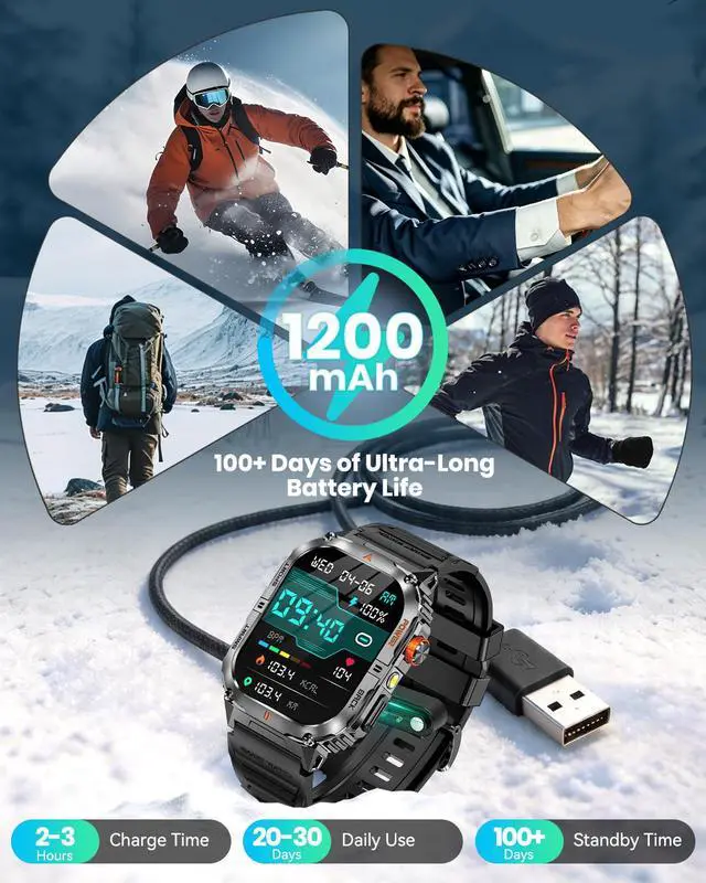 Alt view image 2 of 7 - Military Smart Watch for Men with 1200mAh Long Battery Life, 2.0" Large Screen, Bluetooth Calling, LED Flashlight, IP68 Waterproof, 110+ Sports Modes, Heart Rate/Sleep Monitor for Android & iPhone