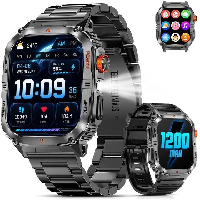 Main image of Military Smart Watch for Men with 1200mAh Long Battery Life, 2.0" Large Screen, Bluetooth Calling, LED Flashlight, IP68 Waterproof, 110+ Sports Modes, Heart Rate/Sleep Monitor for Android & iPhone