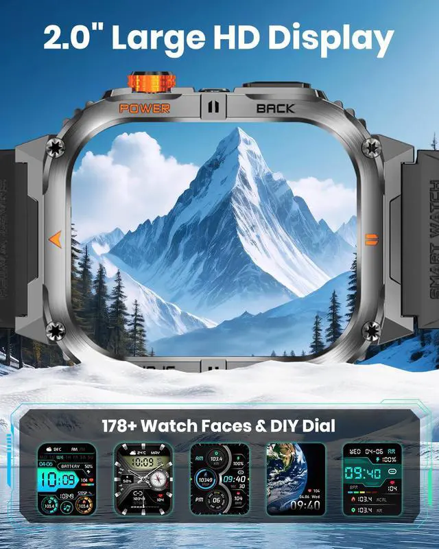 Alt view image 3 of 7 - Military Smart Watch for Men with 1200mAh Long Battery Life, 2.0" Large Screen, Bluetooth Calling, LED Flashlight, IP68 Waterproof, 110+ Sports Modes, Heart Rate/Sleep Monitor for Android & iPhone
