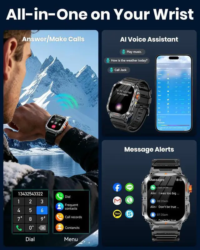 Alt view image 4 of 7 - Military Smart Watch for Men with 1200mAh Long Battery Life, 2.0" Large Screen, Bluetooth Calling, LED Flashlight, IP68 Waterproof, 110+ Sports Modes, Heart Rate/Sleep Monitor for Android & iPhone