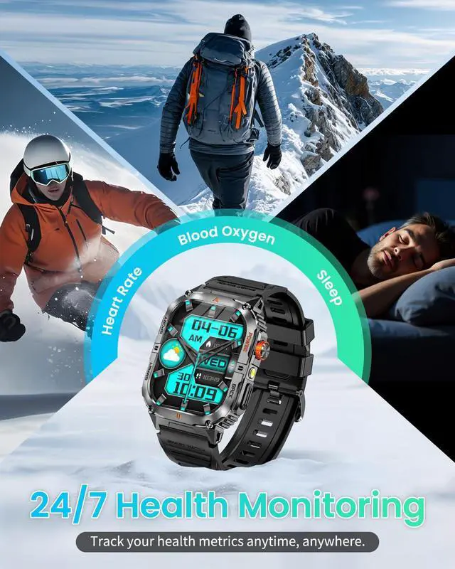 Alt view image 5 of 7 - Military Smart Watch for Men with 1200mAh Long Battery Life, 2.0" Large Screen, Bluetooth Calling, LED Flashlight, IP68 Waterproof, 110+ Sports Modes, Heart Rate/Sleep Monitor for Android & iPhone
