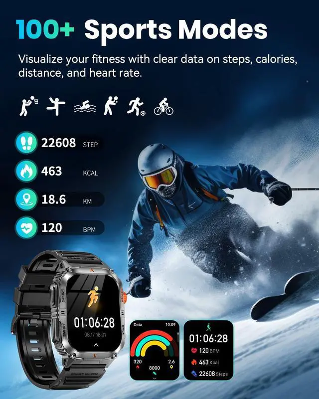 Alt view image 6 of 7 - Military Smart Watch for Men with 1200mAh Long Battery Life, 2.0" Large Screen, Bluetooth Calling, LED Flashlight, IP68 Waterproof, 110+ Sports Modes, Heart Rate/Sleep Monitor for Android & iPhone