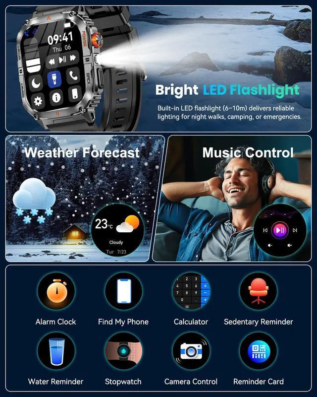 Alt view image 7 of 7 - Military Smart Watch for Men with 1200mAh Long Battery Life, 2.0" Large Screen, Bluetooth Calling, LED Flashlight, IP68 Waterproof, 110+ Sports Modes, Heart Rate/Sleep Monitor for Android & iPhone