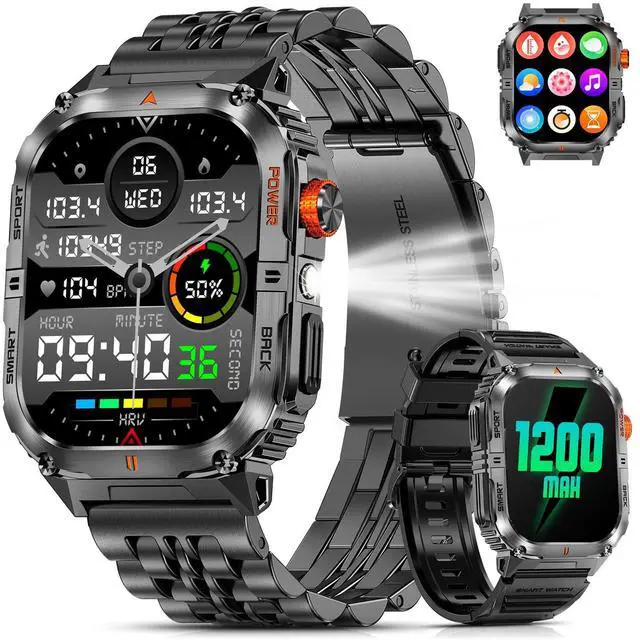 Main image of Military Smart Watch for Men with 1200mAh Long Battery Life, 2.0" Large Screen, Bluetooth Calling, LED Flashlight, IP68 Waterproof, 110+ Sports Modes for Android & iPhone