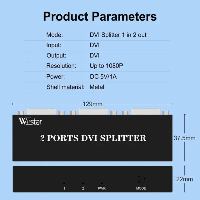 Alt view image 5 of 7 - DVI Splitter 1 in 2 Out 2 Port DVI Distribution Video Splitter 1x2 | Resolution Up to 1080P for PC Laptop DVR Projector HDTV