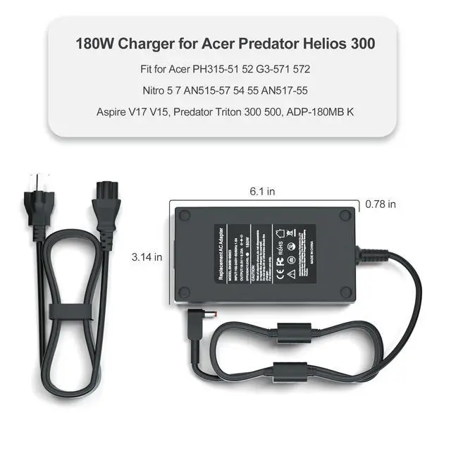 Alt view image 5 of 7 - 180W Charger for Acer Predator Helios 300 - Fit for Acer PH315-51 52 G3-571 572, Nitro 5 7 AN515-57 54 55 AN517-55,Aspire V17 V15, Predator Triton 300 500 Power Adapter Supply Cord