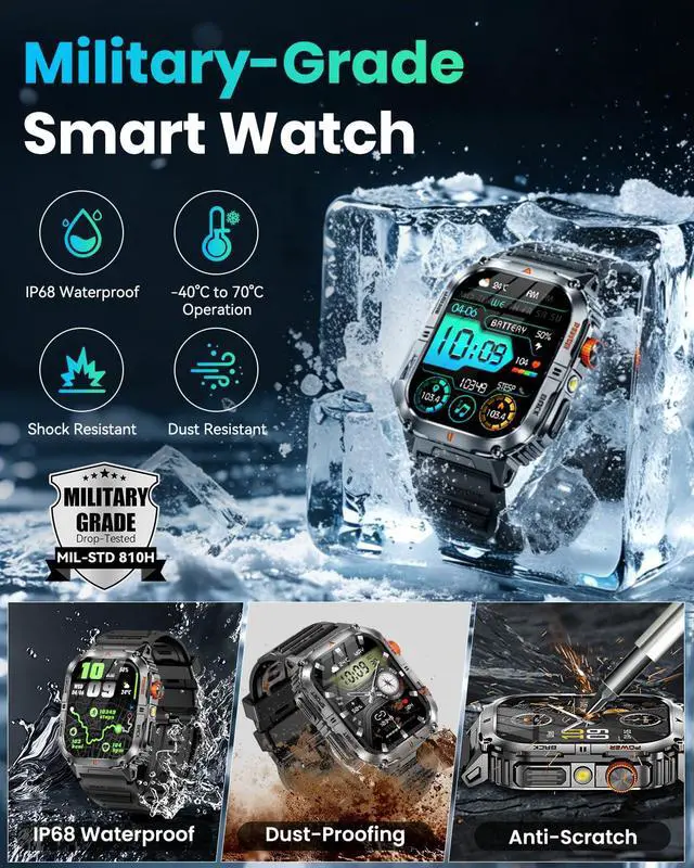 Alt view image 5 of 7 - Military Smart Watch for Men with 1200mAh Long Battery Life, 2.0" Large Screen, Bluetooth Calling, LED Flashlight, IP68 Waterproof, 110+ Sports Modes for Android & iPhone