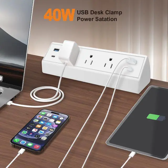 Alt view image 2 of 7 - Fast Charge USB C Desk Clamp Power Strip 40W, Desktop Power Station Edge Mount Surge Protector 2 PC 20W USB-C Ports&2 QC 18W USB A Ports 3 Outlets for Home Office School Hotel ETL (White)