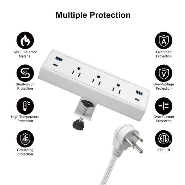 Alt view image 5 of 7 - Fast Charge USB C Desk Clamp Power Strip 40W, Desktop Power Station Edge Mount Surge Protector 2 PC 20W USB-C Ports&2 QC 18W USB A Ports 3 Outlets for Home Office School Hotel ETL (White)