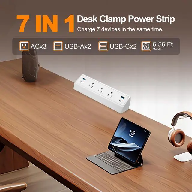 Alt view image 7 of 7 - Fast Charge USB C Desk Clamp Power Strip 40W, Desktop Power Station Edge Mount Surge Protector 2 PC 20W USB-C Ports&2 QC 18W USB A Ports 3 Outlets for Home Office School Hotel ETL (White)