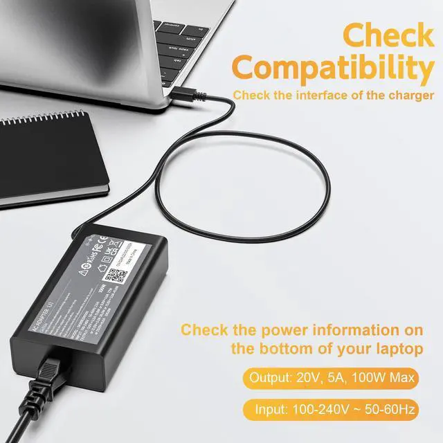 Alt view image 2 of 6 - 100W USB C Laptop Charger Compatible with Lenovo ADL100YDC3A ADL100YLC3A; Yoga 9 9i 7 7i, Yoga Slim 7 Pro/Prox, Yoga Pro 7, Yoga 9; ThinkPad P16s T16 P14s L15 L14 Series Power Supply Cord