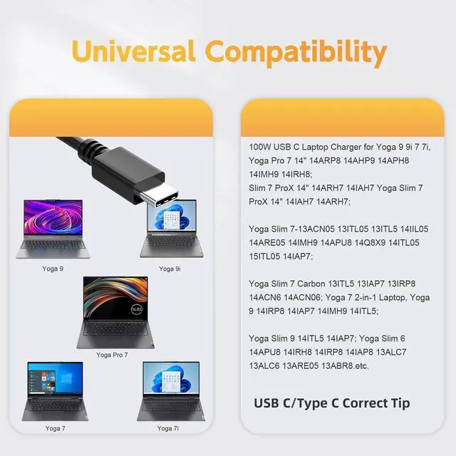 Alt view image 4 of 6 - 100W USB C Laptop Charger Compatible with Lenovo ADL100YDC3A ADL100YLC3A; Yoga 9 9i 7 7i, Yoga Slim 7 Pro/Prox, Yoga Pro 7, Yoga 9; ThinkPad P16s T16 P14s L15 L14 Series Power Supply Cord