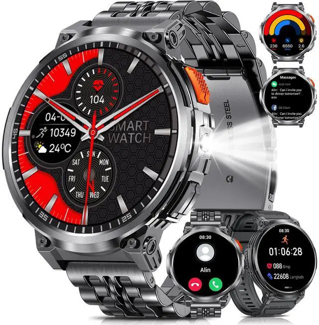 Main image of Military Smart Watches for Men with Bluetooth Call, 1.85" HD Screen Waterproof smartwatch with Flashlight, 114 Sport Modes, 730mAh Heart Rate/SpO2/Sleep Monitor Fitness Tracker for iOS Android