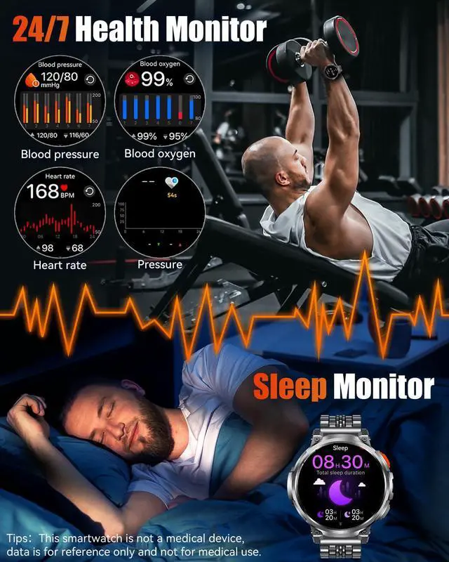 Alt view image 5 of 6 - Military Smart Watches for Men with Bluetooth Call, 1.85" HD Screen Waterproof smartwatch with Flashlight, 114 Sport Modes, 730mAh Heart Rate/SpO2/Sleep Monitor Fitness Tracker for iOS Android