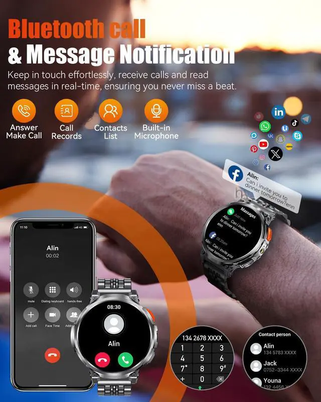Alt view image 4 of 6 - Military Smart Watches for Men with Bluetooth Call, 1.85" HD Screen Waterproof smartwatch with Flashlight, 114 Sport Modes, 730mAh Heart Rate/SpO2/Sleep Monitor Fitness Tracker for iOS Android
