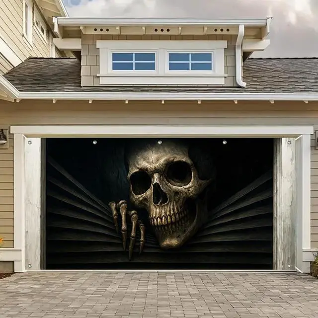 Main image of Halloween Door Cover 13x6ft Polyester Backdrop | Polyester, skeleton bursting through Halloween Door Cover for festive garage, porch and wall
