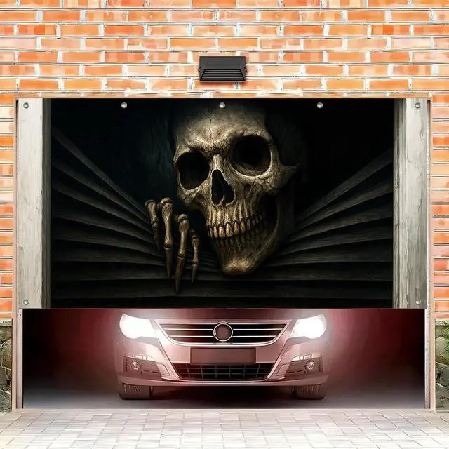 Alt view image 2 of 6 - Halloween Door Cover 13x6ft Polyester Backdrop | Polyester, skeleton bursting through Halloween Door Cover for festive garage, porch and wall