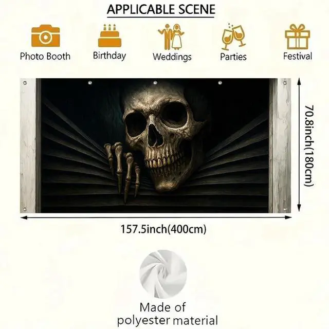 Alt view image 3 of 6 - Halloween Door Cover 13x6ft Polyester Backdrop | Polyester, skeleton bursting through Halloween Door Cover for festive garage, porch and wall