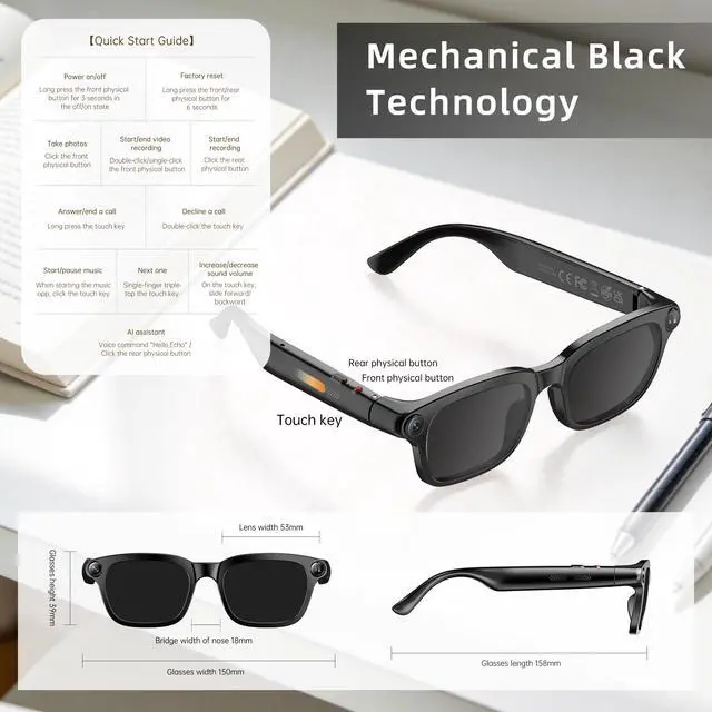 Alt view image 2 of 7 - Smart Glasses with Camera for Men Women AI Translation Sunglasses | 8MP HD Camera, Video Recording, Bluetooth, Type-C Charging, Open-Ear Audio Glasses, Include Replaceable Photochromic Lenses