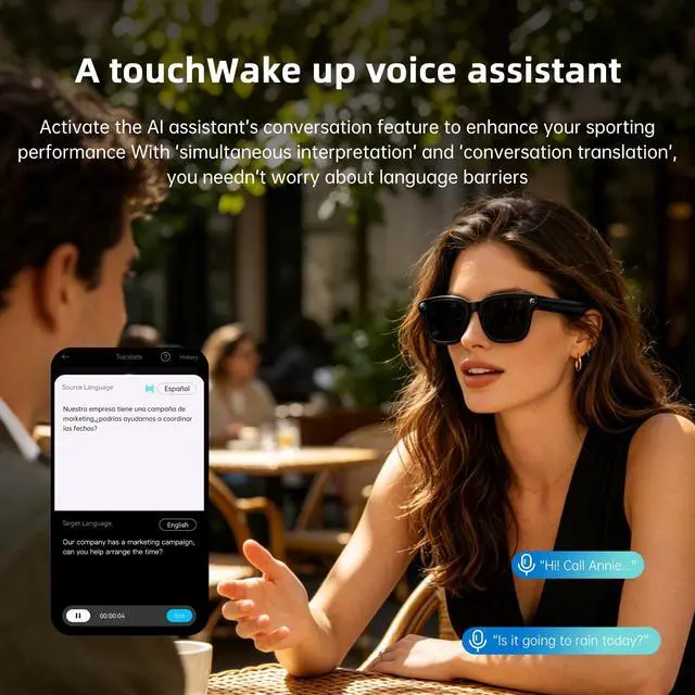 Alt view image 4 of 7 - Smart Glasses with Camera for Men Women AI Translation Sunglasses | 8MP HD Camera, Video Recording, Bluetooth, Type-C Charging, Open-Ear Audio Glasses, Include Replaceable Photochromic Lenses
