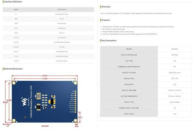 Alt view image 7 of 7 - 2.8inch 320×240 Pixels IPS LCD with 4-Wire Resistive Touch Screen SPI Communication Interface