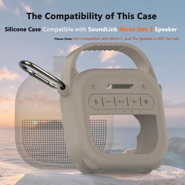 Alt view image 2 of 7 - Silicone Cover Case for Bose New SoundLink Micro 2nd Gen Bluetooth Speaker | Protective Soft Silicone Case with Handle and Metal Carabiner, Shockproof and Anti-Scratch Cover (Sandstone)