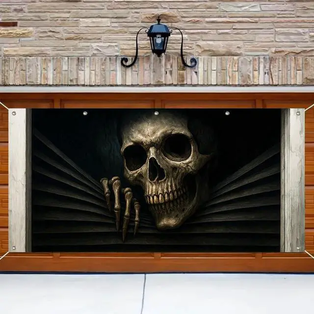 Alt view image 4 of 6 - Halloween Door Cover 13x6ft Polyester Backdrop | Polyester, skeleton bursting through Halloween Door Cover for festive garage, porch and wall