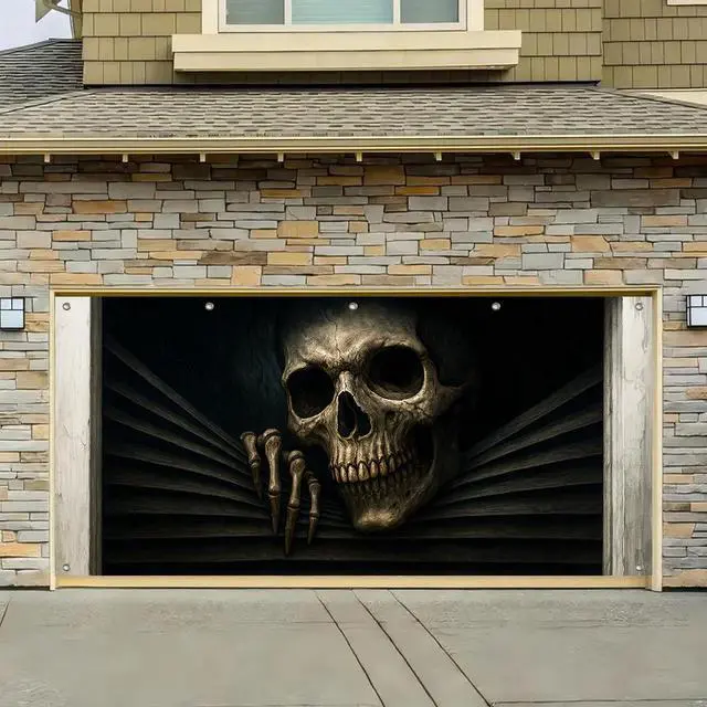 Alt view image 5 of 6 - Halloween Door Cover 13x6ft Polyester Backdrop | Polyester, skeleton bursting through Halloween Door Cover for festive garage, porch and wall