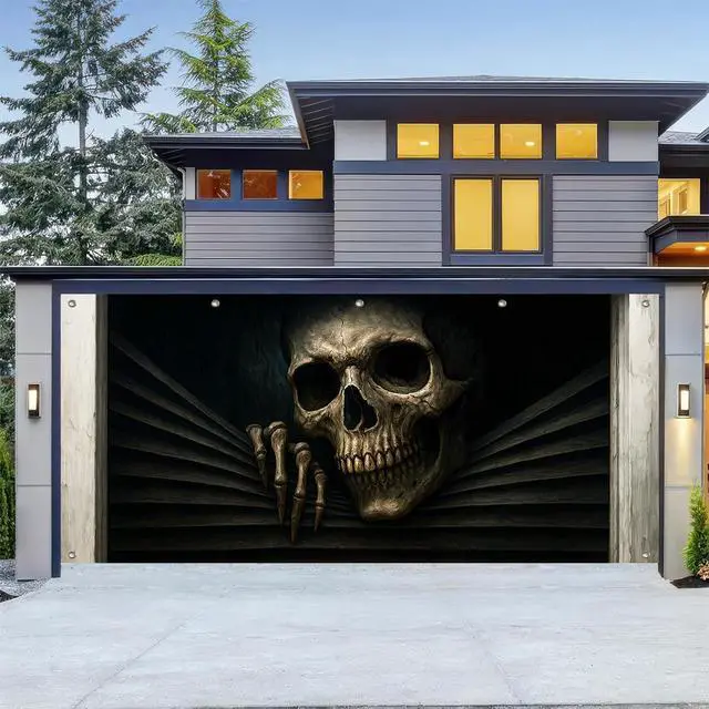 Alt view image 6 of 6 - Halloween Door Cover 13x6ft Polyester Backdrop | Polyester, skeleton bursting through Halloween Door Cover for festive garage, porch and wall