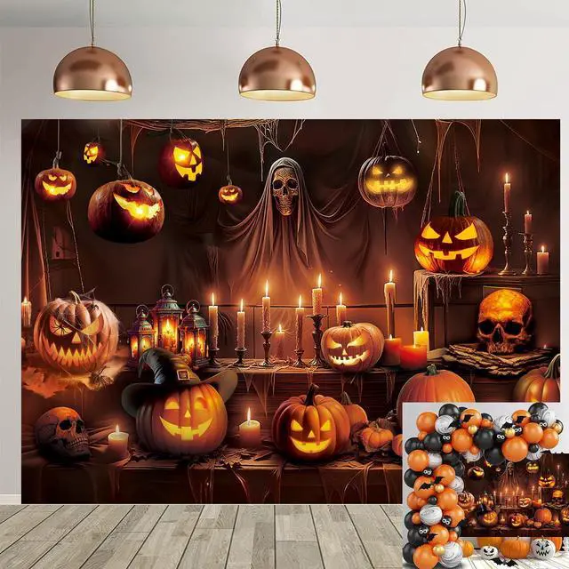 Main image of Horror Halloween Backdrop Scary Skeleton Pumpkin Lantern Haunted House Background Kids Adult Spooky Birthday Party Decorations Banner Supplies (8x6FT)