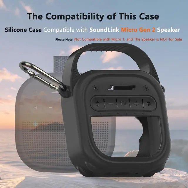 Alt view image 2 of 7 - Silicone Cover Case for Bose New SoundLink Micro 2nd Gen Bluetooth Speaker | Protective Soft Silicone Case with Handle and Metal Carabiner, Shockproof and Anti-Scratch Cover (Black)