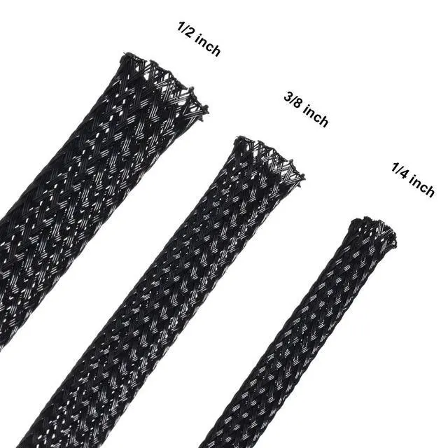 Alt view image 2 of 6 - 50ft PET Expandable Braided Cable Sleeve, Wire Loom Braid Sleeving with 127 Pieces Shrink Tube for Audio Video and Other Home Device Cable Automotive Wire(1/2 Inch, 1/4 Inch, 3/8 Inch,Black)