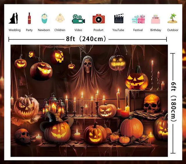Alt view image 7 of 7 - Horror Halloween Backdrop Scary Skeleton Pumpkin Lantern Haunted House Background Kids Adult Spooky Birthday Party Decorations Banner Supplies (8x6FT)