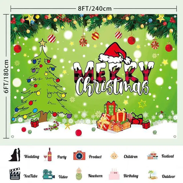 Alt view image 3 of 7 - 8x6ft Merry Christmas Backdrop Banner Green Cartoon Theme Christmas Party Decorations Xmas Tree Santa Photography Background Snowy Winter Party Decoration Props