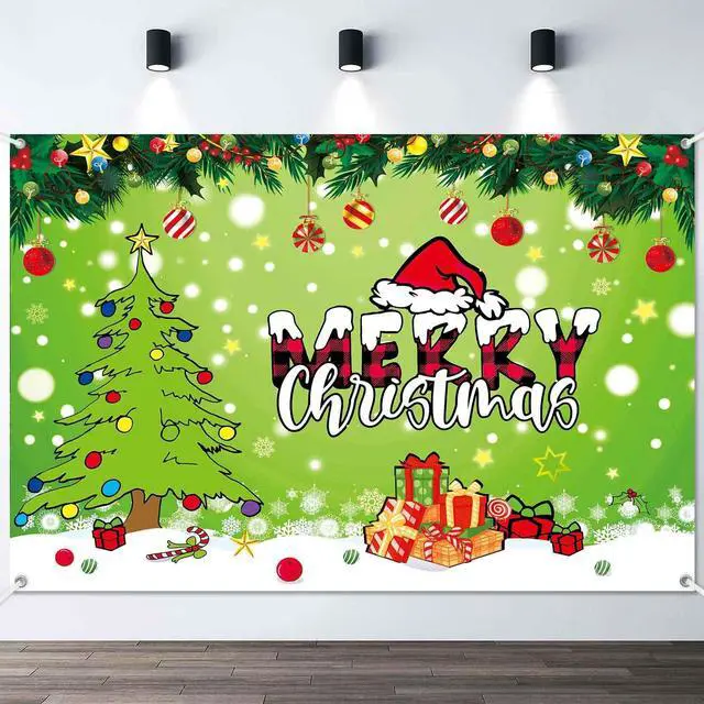 Alt view image 2 of 7 - 8x6ft Merry Christmas Backdrop Banner Green Cartoon Theme Christmas Party Decorations Xmas Tree Santa Photography Background Snowy Winter Party Decoration Props