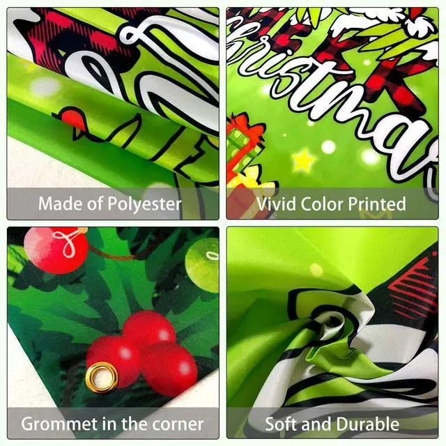Alt view image 4 of 7 - 8x6ft Merry Christmas Backdrop Banner Green Cartoon Theme Christmas Party Decorations Xmas Tree Santa Photography Background Snowy Winter Party Decoration Props